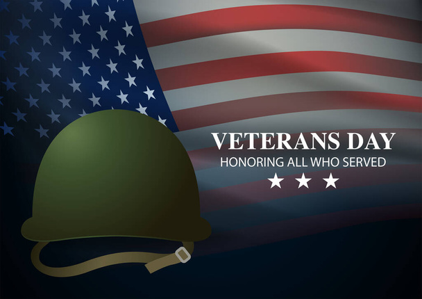 WW2 capacete americano em fluttering fundo bandeira americana, dia de veteranos, ilustração vetor - Vetor, Imagem