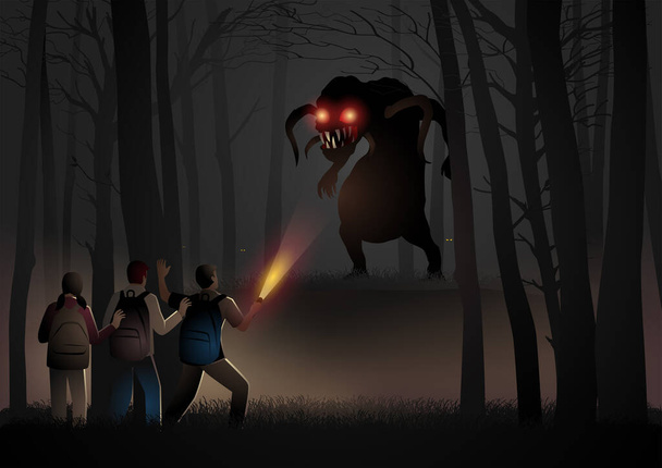 Aventura de los niños en la selva y encontrar un monstruo de miedo, tema de Halloween, ilustración de vectores - Vector, imagen