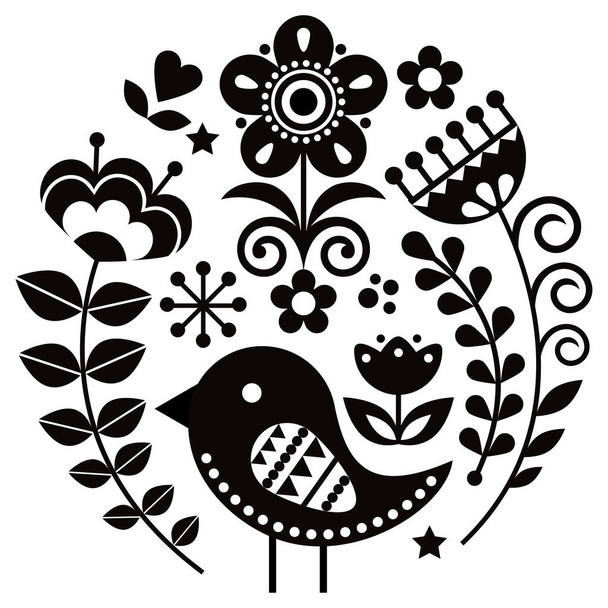 Valentine's Day Scandinavian folk art vector greeting card design with flower and bird, retro nature pattern inspired by the traditional embroidery from Sweden in black and white - Vetor, Imagem