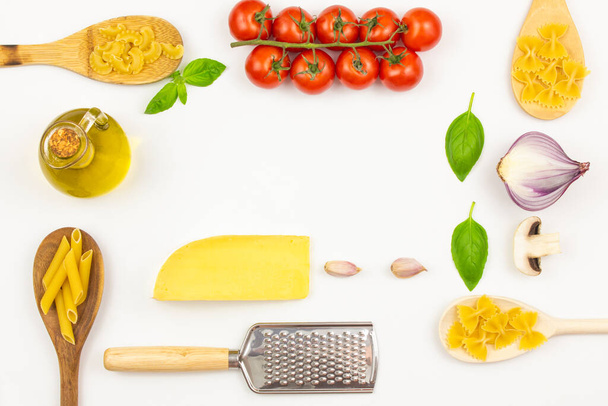 Ingredients for making pasta. Food background with place for text, with different kinds of pasta. Copy space. - Foto, Bild