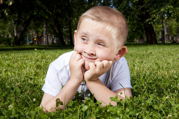 Cute Boy Laying in the Grass - Foto, afbeelding