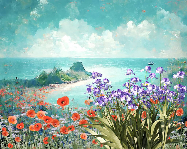 Zomer blauwe hemel groen water wilde bloemen op het strand natuur landschap, impressionisme kunst achtergrond, verf door Monet stijl  - Foto, afbeelding