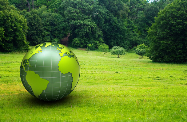 3D-glanzende globe in een groene prairie - Foto, afbeelding