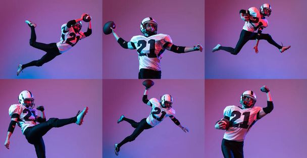 Collage. Portrait du footballeur américain en mouvement, isolé sur fond violet sous la lumière du néon. Joueur actif. Concept de jeu d'équipe, énergie, sport, compétition. Espace de copie pour la publicité - Photo, image