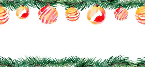 Акварель винтажный бесшовный узор - рождественский узор, ветвь ели, сосны, ели, кедра, сосновых иголок, снега, мороза с красными рождественскими шарами. На белом фоне - Фото, изображение