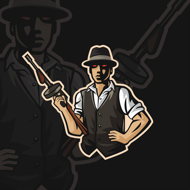 Высококачественный логотип с изображением винтажного гангстера, держащего винтажное оружие в стиле электронного спортивного логотипа - Вектор,изображение
