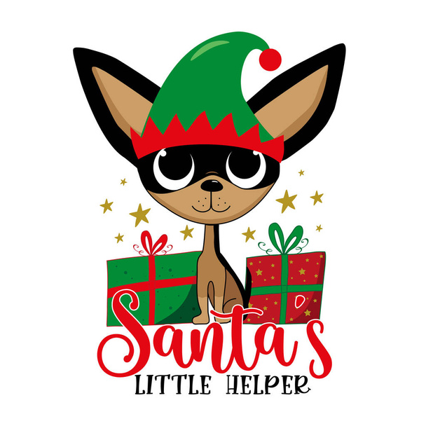 Mały pomocnik Mikołaja - uroczy pies elf chihuahua, z prezentami świątecznymi. Nadaje się do druku koszulki, plakat, karta, etykieta, i inne dekoracje. - Wektor, obraz