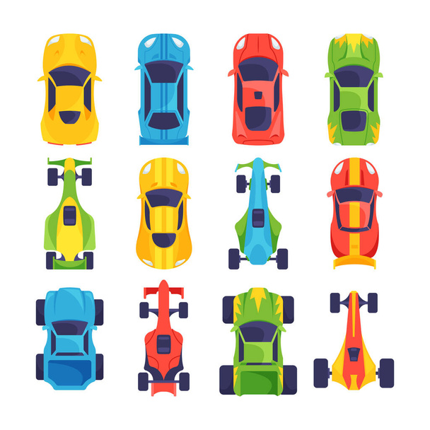 Set of Racing Cars, Modern Extreme Motorsport Transportation Isolated on White Background. Sport Automobiles Top View, Colorful Fast Transportat for Races Competitions. Cartoon Vector Illustration - Vector, Image