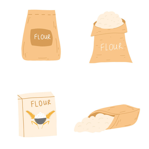 Set jute zakken bloem in cartoon platte stijl. Vector illustratie van zakken met tarwe, landbouw voedselelement. - Vector, afbeelding