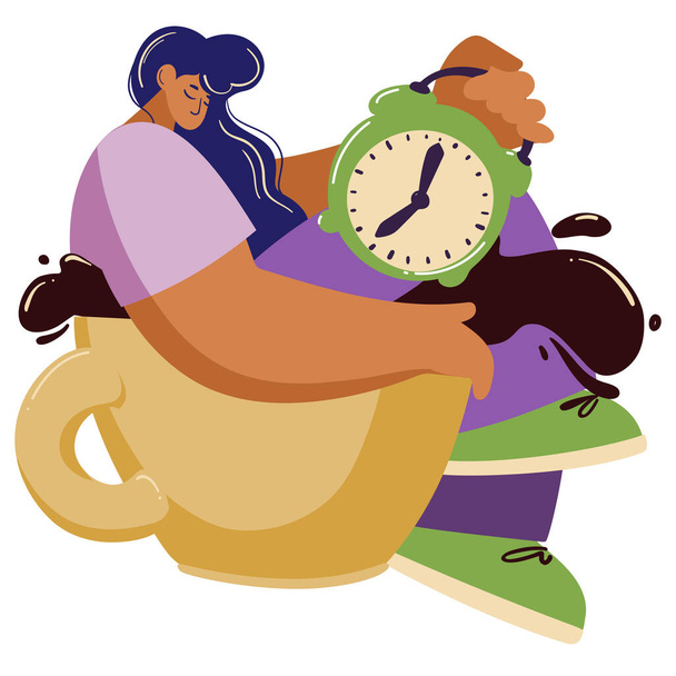 Una mujer somnolienta se sienta en una gran taza de café y toma sus manos con un gran reloj. Caricatura, metáfora de una mañana dura - Vector, Imagen