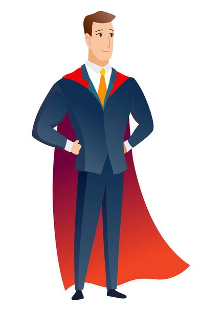 Businessman superhero character. Office worker or manager in costume and red fluttering cloak cape. Cartoon powerful man in spectacular action pose superhero. Vector isolated on white background. - Vector, Image