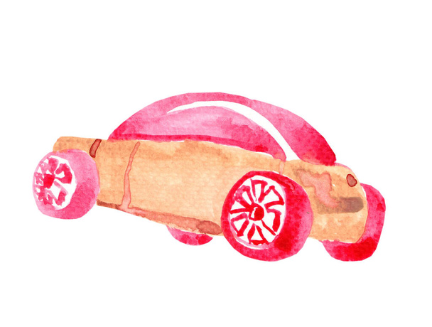 Carro de brinquedo rosa aquarela, ilustração pintada à mão. - Foto, Imagem