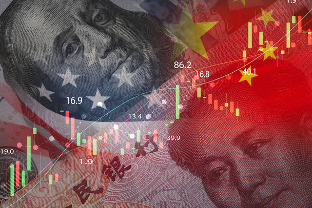 USA a Čína vlajka na USD a Yuan bankovky s burzovním grafem chat pro symbol ekonomických cel obchodní války a daňové bariéry mezi Spojenými státy americkými a Čínou. - Fotografie, Obrázek