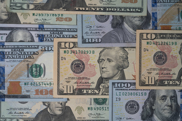 USD-bankbiljettenverzameling voor economische geldovermakingen en valutatransacties, Dollar is de belangrijkste valuta in de wereld. - Foto, afbeelding