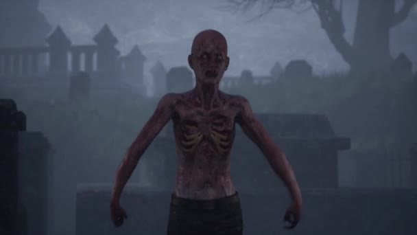 Een zombie loopt door een kerkhof tijdens een onweersbui. Een andere zombie probeert hem te vangen.. - Video