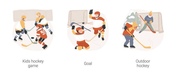 Lední hokej izolované kreslený vektor ilustrační set. Dětský hokejový turnaj, děti hrající si v interiéru, v uniformě, skóroval puk, šťastný s cílem, venkovní kluziště, příležitostný herní vektor kreslený. - Vektor, obrázek