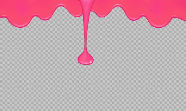 Dripping glossy pink slime.Flowing realistic pink sweet melting icing on transparent background.Spreading sause,cream, milk or caramel.Border of shiny flowing sticky. - Vector, Image