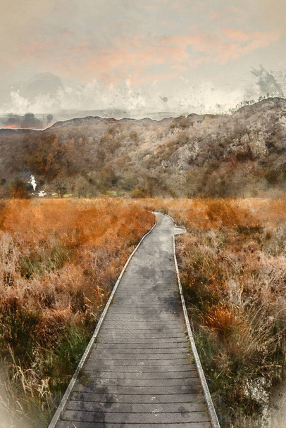 見事な秋の風景のデジタル水彩画風景を渡って圧延霧と湖地区のDerwentwaterからBorrowdale渓谷に向かって探して日の出画像 - 写真・画像