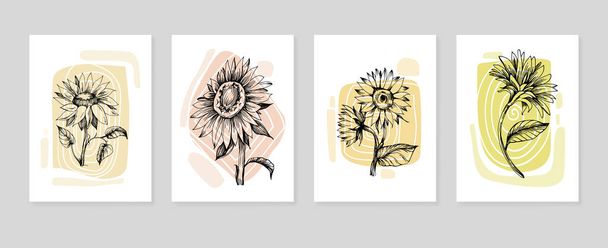 Σύνολο Αφηρημένη Sunflower χέρι ζωγραφισμένα Εικονογραφήσεις για Διακόσμηση στον τοίχο, μινιμαλιστικό λουλούδι σε στυλ σκίτσο. Postcard, Social Media Banner, Brochure Cover Design Background. Σύγχρονη αφηρημένη ζωγραφική. - Διάνυσμα, εικόνα