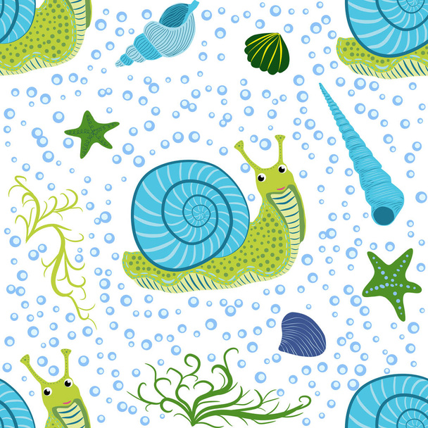 Snail, sea inhabitants seamless pattern, beautiful character among seashells, seaweed, starfish, sea animals of wildlife. - Vector, Imagen