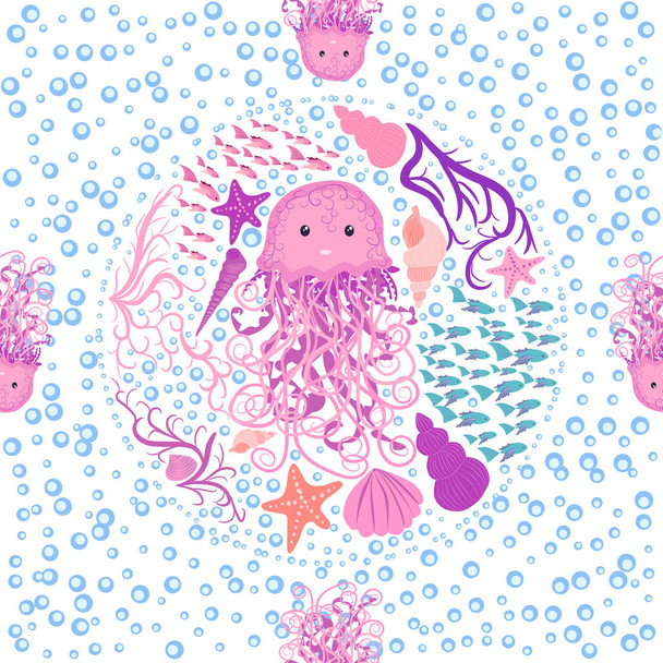 Jellyfish animals bright seamless patterns. Seamless pattern with detailed jellyfish. cute hand drawn fishes and jellyfishes in doodle style. Trendy nursery background. - Διάνυσμα, εικόνα