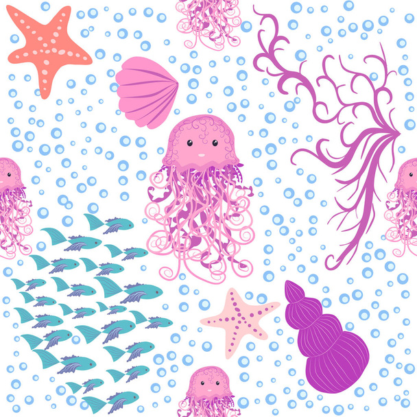 Jellyfish animals bright seamless patterns. Seamless pattern with detailed jellyfish. cute hand drawn fishes and jellyfishes in doodle style. Trendy nursery background. - Vetor, Imagem