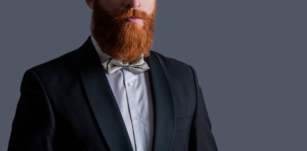 Barber crop view with long beard. Unshaven face with beard and mustache. Bearded and mustached Irish male in bowtie studio isolated on grey, copy space. - Zdjęcie, obraz