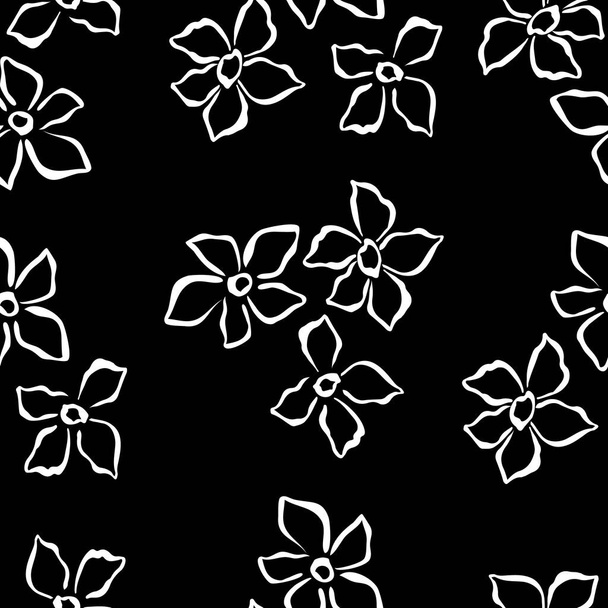 seamless pattern of white outline doodle drawing flowers. white flowers on a black background. Vector modern art illustration for printing on wallpaper, fabric, cover, template. - Vetor, Imagem