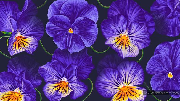 Large floral background with dark purple, blue flowers Pansies, Viola on dark background in desktop wallpaper for computer, tablet, cell phone, social media cover. Realistic highly detailed vector - Вектор,изображение