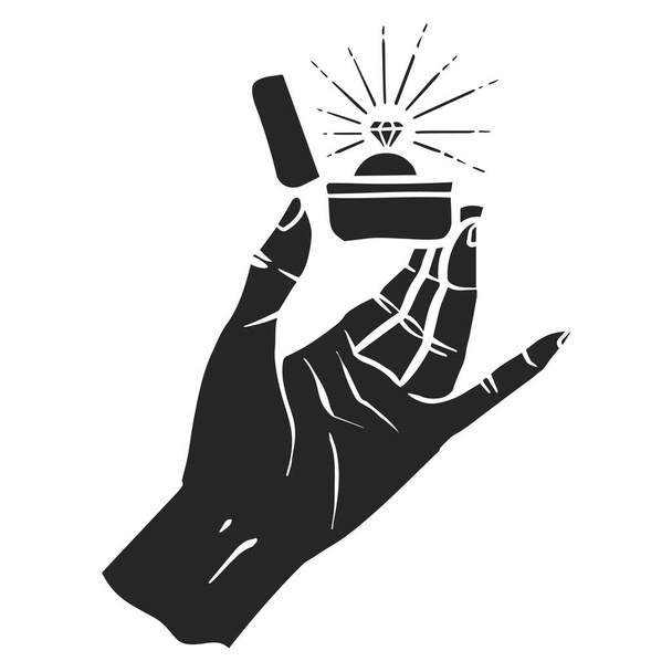 Hand drawn icon Hand holding diamond ring box. Vector illustration. - Vector, Image