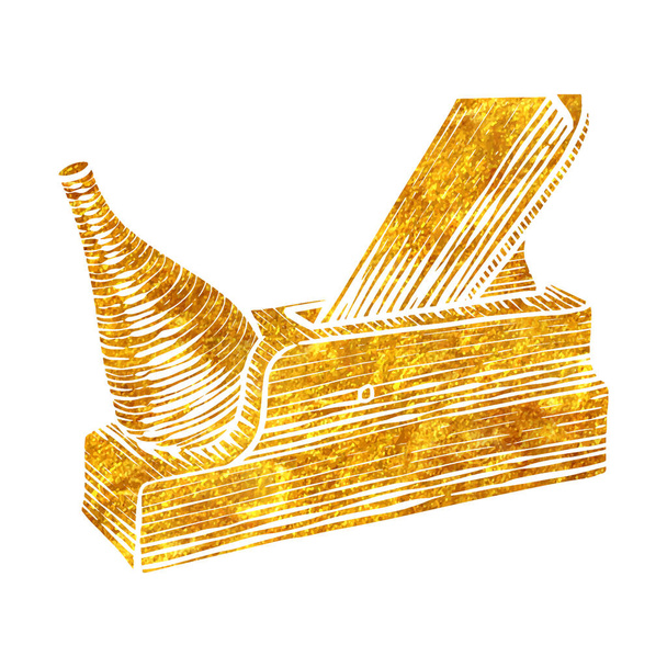 Hand drawn wooden plane icon woodworking tool in gold foil texture vector illustration - Vector, Image