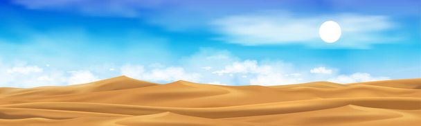 Sivatagi táj arany homokdűnék bolyhos felhők kék ég. Vektor rajzfilm forró száraz elhagyatott. Horizon gyönyörű természet háttér sárga homokos dombok parallax jelenet forró napos nyári - Vektor, kép