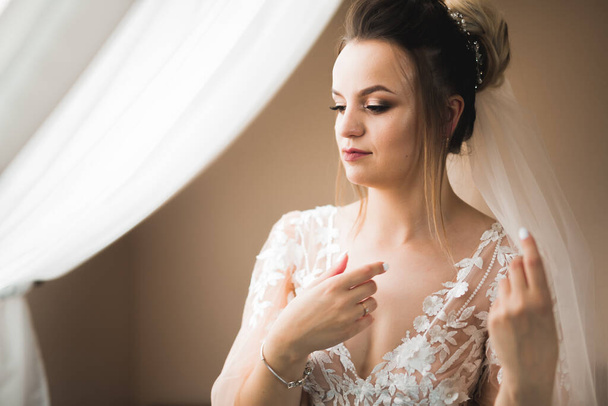Portrait of beautiful bride with fashion veil at wedding morning. - Foto, afbeelding
