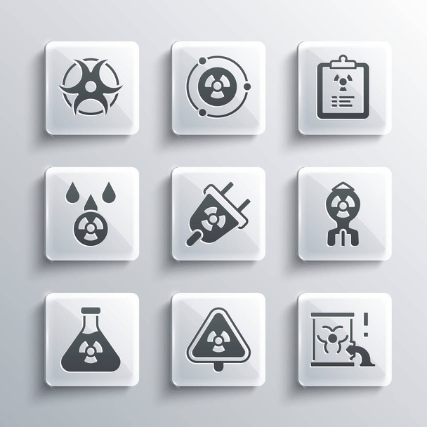 Set Triangle with radiation Radioactive waste in barrel Nuclear bomb Radiation electrical plug Test tube Acid rain and radioactive cloud Biohazard symbol and warning document icon. Vector. - Vector, Image