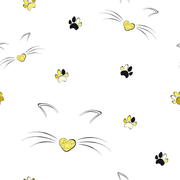 Cat seamless pattern. Muzzle and paws. Dog and cat track. Gold glitter. Prints, packaging template, textiles, bedding and wallpaper. - Вектор, зображення