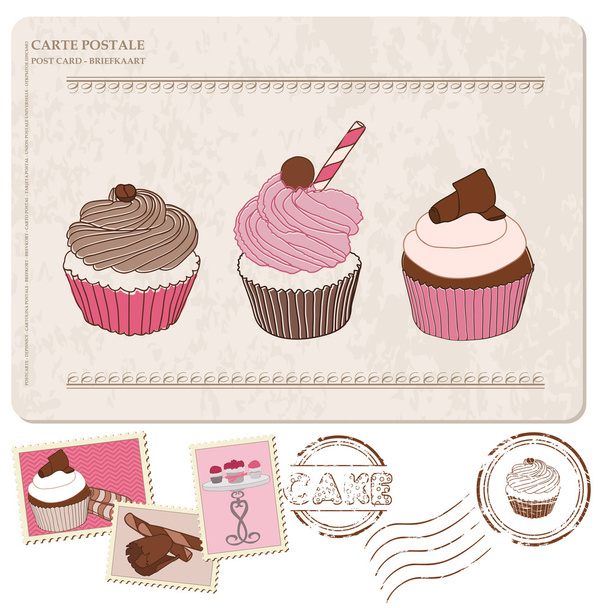Set of cupcakes on old postcard, with stamps - for design and sc - Vettoriali, immagini