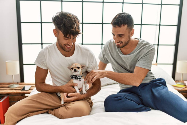 Two hispanic men couple sitting on bed with chihuahua at bedroom - Foto, immagini