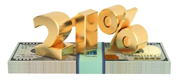 The Number 21% on top of 100 Dollar bills.  - Foto, Imagen
