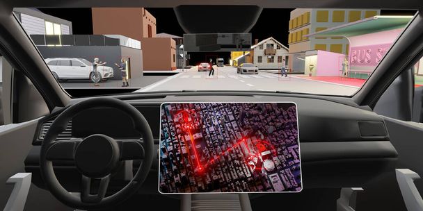 Auto Pilot samochód bezsilnikowy ekran GPS czujnik detekcji obiektu cyfrowy UGV Zaawansowany asystent kierowcy system 3D ilustracja - Zdjęcie, obraz