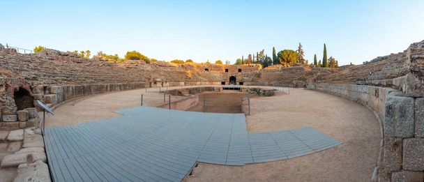 Roman Ruins of Merida, panoramic from below in the pit of the Roman Amphitheater. Extremadura, Spain - Fotografie, Obrázek