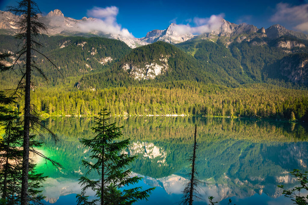 Idyllic Lake Tovel reflection symmetry in Trentino-Alto Adige, Italy - Foto, Imagen