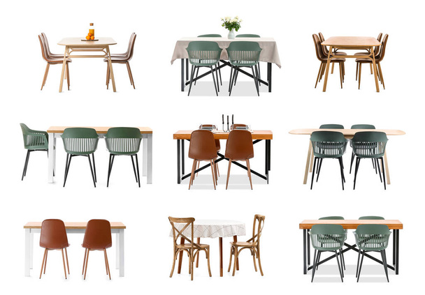 Collage of dining table and chairs on white background - Photo, Image