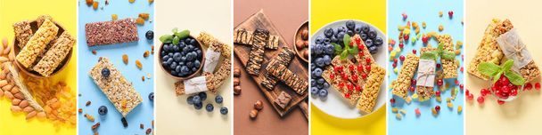 Collage di barrette di cereali sane su sfondo di colore, vista dall'alto - Foto, immagini
