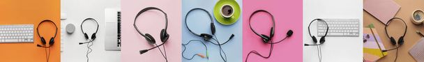 Collage of headsets, cups of coffee, laptop, computer keyboards, speaker and notebooks on color background - Photo, Image