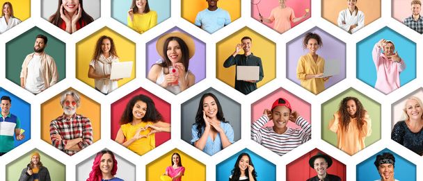 Collage of different happy people on colorful background - Photo, Image