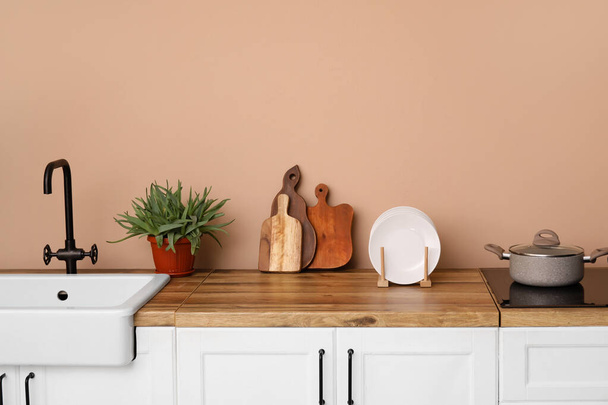 Cutting board, aloe vera in pot and plates on counter near beige wall - Fotó, kép