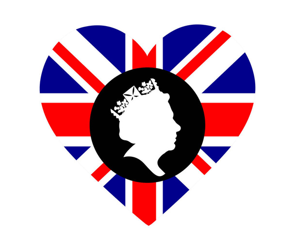 Queen Elizabeth Face Blanco y Negro con Bandera Británica del Reino Unido National Europe Emblema Corazón Icono Vector Ilustración Elemento de diseño abstracto - Vector, Imagen