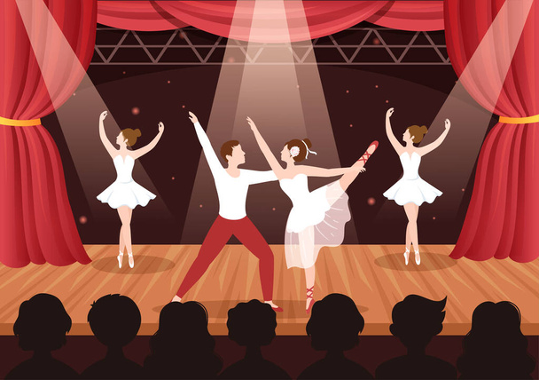 Modelo de balé desenhado à mão Desenhos animados ilustração plana casal bailarina dança vestindo trajes de tutu no projeto do palco - Vetor, Imagem