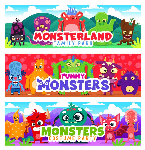 Cartoon monster characters. Horizontal vector background or banner with five eyed octopus, slime monster and angry tree stump, evil blue zombie, funny yeti and furious devil strange monster personages - Vector, Image