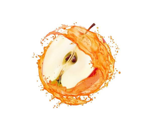Jablečný plátky ovoce s džusem splash. Vitamin šťavnatý nápoj víří nebo točí s kapkami. Izolované letní ovocné nápoje stříkance s padajícími kapkami nebo jablečné čerstvé šťávy realistické vektorové víření cákance - Vektor, obrázek